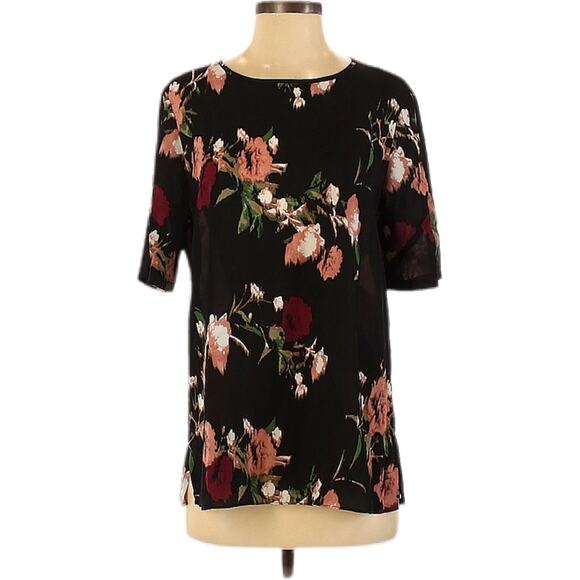 Vince Camuto Short Sleeve Floral Blouse Women’s Size Small Black Red - Picture 1 of 4